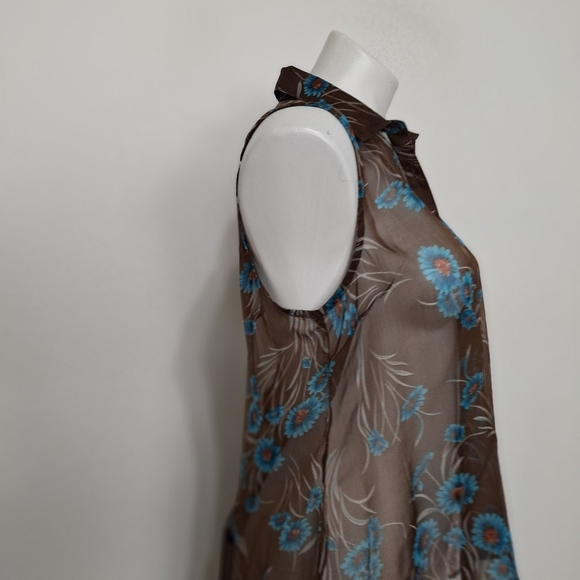 Cecico Sheer Brown Floral Academia Collared Button Down Hi-Lo Hem Top Size L - Picture 8 of 14